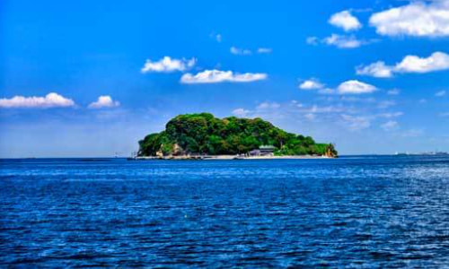 猿島を望む横須賀港沖の穏やかな海と青空