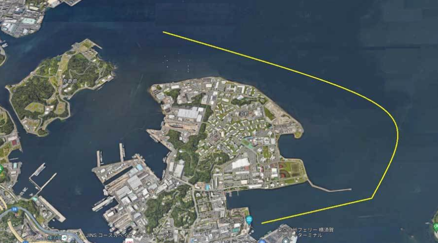横須賀基地沖の海洋散骨航路｜三笠桟橋から吾妻島周辺の散骨ポイントへ向かうルート図