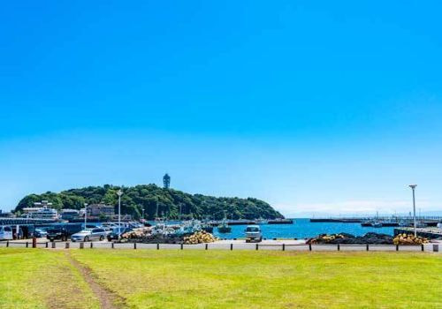 片瀬港の全景。江の島を背景に広がる穏やかな海岸線と緑の芝生