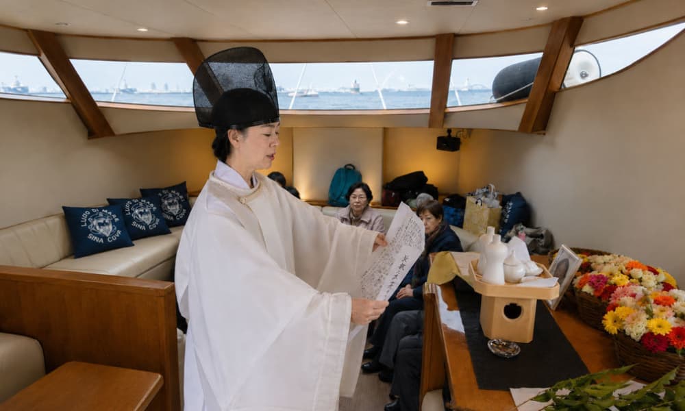 船内で神主が祭詞を奏上する宗教儀式を取り入れた海洋散骨